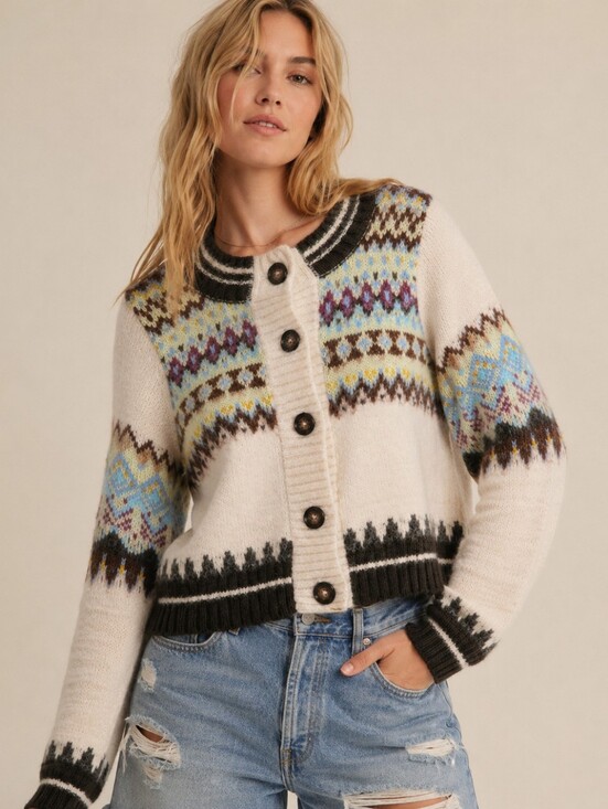 Free People Sweaters - Free People We The Free Millie Fair Isle Cardigan Sweater Medium Boho Wool Blend